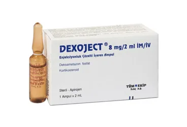 Deksametazon içeren ampul: DEXOJECT 8 MG/2 ML IM/IV ENJ. COZ. ICEREN AMPUL ambalajı. Üretici: TÜM - EKİP İLAÇ A.Ş.