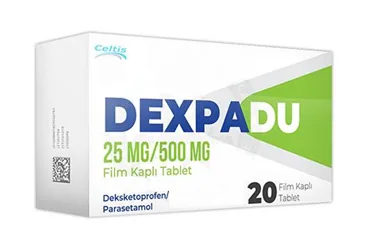 DEXPADU 25 MG /500 MG 20 FILM KAPLI TABLET kutu fotoğrafı, film kaplı tablet formunda deksketoprofen + parasetamol içerir. Üretici: CELTİS İLAÇ SANAYİ VE TİCARET ANONİM ŞİRKETİ.