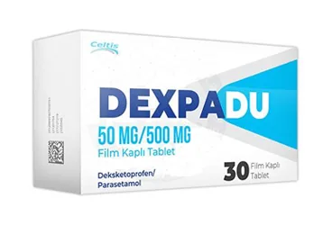 Deksketoprofen + parasetamol içeren film kaplı tablet: DEXPADU 50 MG /500 MG 30 FILM KAPLI TABLET ambalajı. Üretici: CELTİS İLAÇ SANAYİ VE TİCARET ANONİM ŞİRKETİ.
