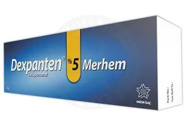 Dekspantenol -topikal içeren merhem: DEXPANTEN %5 30 G MERHEM ambalajı. Üretici: ORİON İLAÇ SANAYİ VE TİCARET ANONİM ŞİRKETİ.