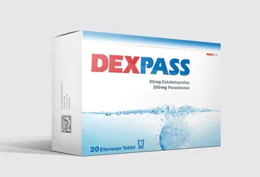 DEXPASS 25/300 MG EFERVESAN TABLET kutu fotoğrafı. Deksketoprofen + parasetamol içeren efervesan tablet. Üretici: NEUTEC İLAÇ SANAYİ TİCARET ANONİM ŞİRKETİ.