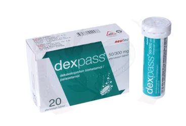DEXPASS 50/300 MG EFERVESAN TABLET ambalajı, efervesan tablet formunda deksketoprofen + parasetamol içerir. Üretici: NEUTEC İLAÇ SANAYİ TİCARET ANONİM ŞİRKETİ.