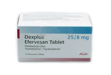 DEXPLUS 25 MG/8 MG 14 EFERVESAN TABLET kutusu. Deksketoprofen + tiyokolşikozid içeren efervesan tablet. Üretici: ACİNO TURKEY İLAÇ ANONİM ŞİRKETİ.