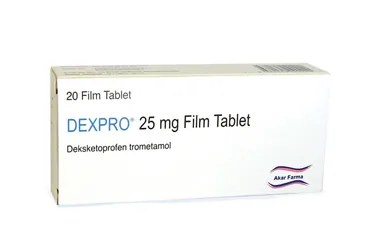DEXPRO 25 MG 20 FILM TABLET kutu fotoğrafı, film kaplı tablet formunda deksketoprofen içerir. Üretici: AKAR FARMA MEDİKAL İLAÇ KOZMETİK GIDA TARIM SAN. VE TİC. İTH. İHR. LTD. ŞTİ.