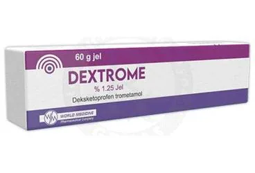 Deksketoprofen içeren jel: DEXTROME % 1,25 JEL (60 G/TUP) ambalajı. Üretici: WORLD MEDICINE İLAÇ SAN. VE TİC. A.Ş.