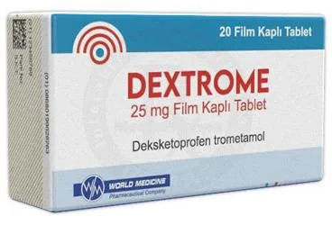 Deksketoprofen içeren film kaplı tablet: DEXTROME 25 MG FILM KAPLI TABLET (20 ADET) ürün ambalajı. Üretici: WORLD MEDICINE İLAÇ SAN. VE TİC. A.Ş.