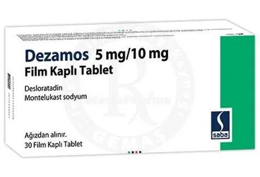 Desloratin + montelukast içeren film kaplı tablet: DEZAMOS 5 MG/10 MG FILM KAPLI TABLET (30 TABLET) ambalajı. Üretici: SABA İLAÇ SANAYİİ VE TİCARET ANONİM ŞİRKETİ.