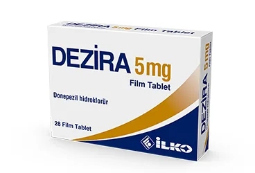 Donepezil içeren film kaplı tablet: DEZIRA 5 MG 28 FILM TABLET kutusu. Üretici: İLKO İLAÇ SAN. VE TİC. A.Ş.