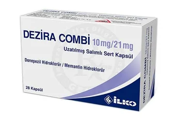DEZIRA COMBI 10 MG/21 MG UZATILMIS SALIMLI SERT KAPSUL ambalajı, kapsül formunda memantin + donepezil içerir. Üretici: İLKO İLAÇ SAN. VE TİC. A.Ş.