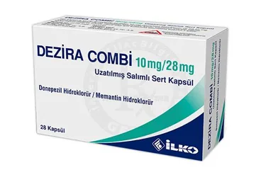 DEZIRA COMBI 10 MG/28 MG UZATILMIS SALIMLI SERT KAPSUL kutu fotoğrafı, kapsül formunda memantin + donepezil içerir. Üretici: İLKO İLAÇ SAN. VE TİC. A.Ş.