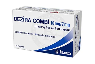 DEZIRA COMBI 10 MG/7 MG UZATILMIS SALIMLI SERT KAPSUL kutusu, kapsül formunda memantin + donepezil içerir. Üretici: İLKO İLAÇ SAN. VE TİC. A.Ş.