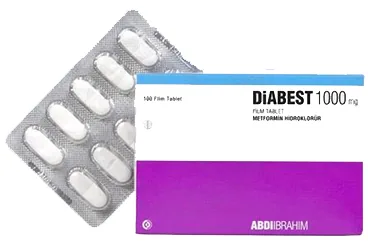 DIABEST 1000 MG FILM TABLET (100 FILM TABLET) kutusu, film kaplı tablet formunda metformin içerir. Üretici: ABDİ İBRAHİM İLAÇ SANAYİ VE TİCARET A.Ş.