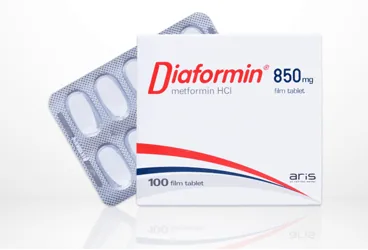 DIAFORMIN 850 MG 100 FİLM TABLET ürün ambalajı, film kaplı tablet formunda metformin içerir. Üretici: ALİ RAİF İLAÇ SANAYİ A.Ş.