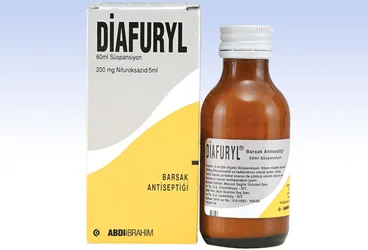 DIAFURYL 200 MG/5 ML SUSPANSIYON 60 ML ürün ambalajı. Nifuroksazid içeren süspansiyon. Üretici: ABDİ İBRAHİM İLAÇ SANAYİ VE TİCARET A.Ş.