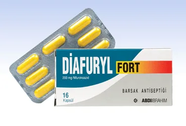 Nifuroksazid içeren kapsül: DIAFURYL FORT 200 MG 16 KAPSÜL kutusu. Üretici: ABDİ İBRAHİM İLAÇ SANAYİ VE TİCARET A.Ş.
