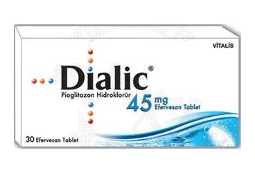Pioglitazon içeren efervesan tablet: DIALIC 45 MG 30 EFERVESAN TABLET kutu fotoğrafı. Üretici: CELTİS İLAÇ SANAYİ VE TİCARET ANONİM ŞİRKETİ.
