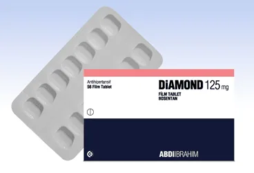 DIAMOND 125 MG 56 FILM TABLET kutusu. Bosentan içeren film kaplı tablet. Üretici: ABDİ İBRAHİM İLAÇ SANAYİ VE TİCARET A.Ş.