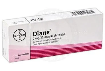 Siproteron asetat + etinilestradiol içeren DIANE-35 21 DRAJE ambalajı. Üretici: BAYER TÜRK KİMYA SAN. LTD. ŞTİ.