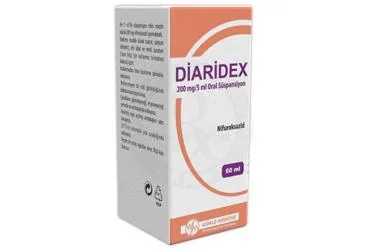 DIARIDEX 200 MG/5 ML ORAL SUSPANSIYON (60 ML) kutusu, oral süspansiyon formunda nifuroksazid içerir. Üretici: WORLD MEDICINE İLAÇ SAN. VE TİC. A.Ş.