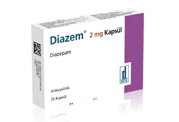 Diazepam içeren kapsül: DIAZEM 2 MG 25 KAPSUL ambalajı. Üretici: DEVA HOLDİNG ANONİM ŞİRKETİ.