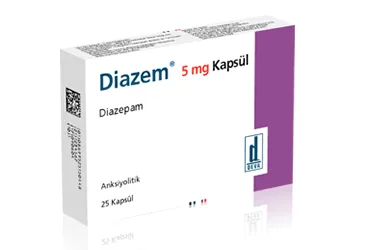 Diazepam içeren kapsül: DIAZEM 5 MG 25 KAPSUL ambalajı. Üretici: DEVA HOLDİNG ANONİM ŞİRKETİ.