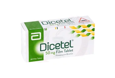 DICETEL 50 MG 80 FILM TABLET kutusu. Pinaveryum bromür içeren film kaplı tablet. Üretici: ABBOTT LABORATUARLARI İTHALAT İHRACAT VE TİCARET LİMİTED ŞİRKETİ.