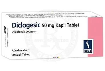 DICLOGESIC 50 MG KAPLI TABLET (20 TABLET) ürün ambalajı. Diklofenak içeren tablet. Üretici: SABA İLAÇ SANAYİİ VE TİCARET ANONİM ŞİRKETİ.