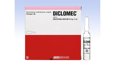 DICLOMEC 75 MG / 3 ML IM ENJEKSIYONLUK COZELTI ICEREN 10 AMPUL kutusu. Diklofenak içeren çözelti. Üretici: ABDİ İBRAHİM İLAÇ SANAYİ VE TİCARET A.Ş.