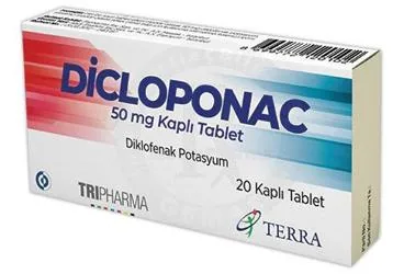DICLOPONAC 50 MG KAPLI TABLET (20 TABLET) ürün ambalajı. Diklofenak içeren tablet. Üretici: TRIPHARMA İLAÇ SANAYİ VE TİCARET A.Ş.
