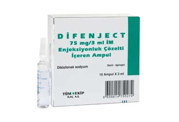 DIFENJECT 75 MG/3 ML IM ENJEKSIYONLUK 10 AMPUL ürün ambalajı, ampul formunda diklofenak içerir. Üretici: TÜM - EKİP İLAÇ A.Ş.