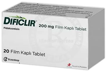 Fidaksomisin içeren film kaplı tablet: DIFICLIR 200 MG FILM KAPLI TABLET (20 TABLET) kutusu. Üretici: EİP ECZACIBAŞI İLAÇ PAZARLAMA A.Ş.