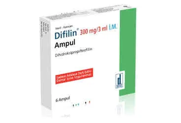 DIFILIN 300 MG/ 3 ML I.M. ENJEKSİYONLUK ÇÖZELTİ, 100 AMPUL kutu fotoğrafı, çözelti formunda dihidroksipropil teofilin içerir. Üretici: DEVA HOLDİNG A.Ş.