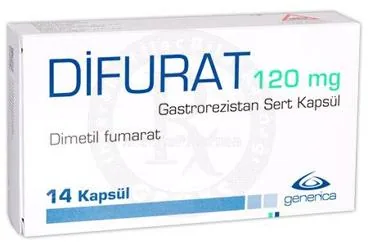 DIFURAT 120 MG GASTROREZISTAN SERT KAPSUL (14 KAPSUL) ürün ambalajı. Dimetil fumarat içeren kapsül. Üretici: GENVEON İLAÇ SANAYİ VE TİCARET ANONİM ŞİRKETİ.