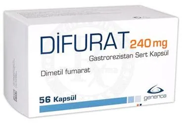 DIFURAT 240 MG GASTROREZISTAN SERT KAPSUL (56 KAPSUL) kutu fotoğrafı. Dimetil fumarat içeren kapsül. Üretici: GENVEON İLAÇ SANAYİ VE TİCARET ANONİM ŞİRKETİ.