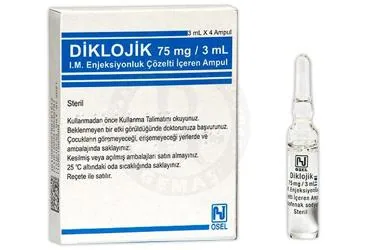 DIKLOJIK 75 MG 3 ML 4 AMPUL ürün ambalajı, ampul formunda diklofenak içerir. Üretici: OSEL İLAÇ SANAYİ VE TİCARET ANONİM ŞİRKETİ.