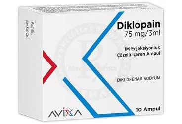 DIKLOPAIN 75MG/3ML IM ENJEKSIYONLUK COZELTI (10 AMPUL) ambalajı. Diklofenak içeren çözelti. Üretici: AVİXA İLAÇ SANAYİ VE TİCARET ANONİM ŞİRKETİ.