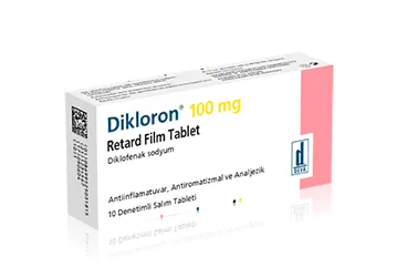 DIKLORON 100 MG 10 RETARD FILM TABLET kutusu. Diklofenak içeren film kaplı tablet. Üretici: DEVA HOLDİNG ANONİM ŞİRKETİ.
