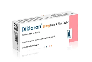 Diklofenak içeren film kaplı tablet: DIKLORON 50 MG 20 ENTERİK KAPLI FİLM TABLET kutusu. Üretici: DEVA HOLDİNG ANONİM ŞİRKETİ.