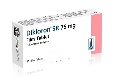 Diklofenak içeren film kaplı tablet: DIKLORON SR 75 MG FILM TABLET (10 TABLET) kutu fotoğrafı. Üretici: DEVA HOLDİNG ANONİM ŞİRKETİ.