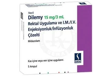 DILEMY 15 MG/3 ML IM/IV ENJEKSIYONLUK/INFUZYONLUK COZELTI (5 AMPUL) ambalajı. Midazolam içeren çözelti. Üretici: SABA İLAÇ SANAYİİ VE TİCARET ANONİM ŞİRKETİ.