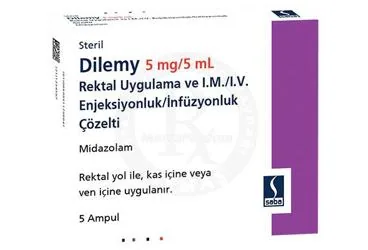 DILEMY 5 MG/5 ML IM/IV ENJEKSIYONLUK/INFUZYONLUK COZELTI (5 AMPUL) ürün ambalajı, çözelti formunda midazolam içerir. Üretici: SABA İLAÇ SANAYİİ VE TİCARET ANONİM ŞİRKETİ.