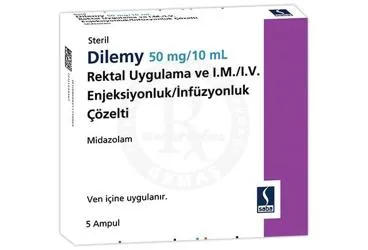 DILEMY 50 MG/10 ML IM/IV ENJEKSIYONLUK/INFUZYONLUK COZELTI (5 AMPUL) kutu fotoğrafı. Midazolam içeren çözelti. Üretici: SABA İLAÇ SANAYİİ VE TİCARET ANONİM ŞİRKETİ.