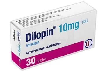 DILOPIN 10 MG 30 TABLET kutusu, tablet formunda amlodipin içerir. Üretici: UMUT İLAÇ TİC. VE SAN. LTD. ŞTİ.