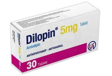 DILOPIN 5 MG 30 TABLET kutusu. Amlodipin içeren tablet. Üretici: UMUT İLAÇ TİC. VE SAN. LTD. ŞTİ.