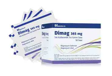 DIMAG 365 MG TEK KULLANIMLIK TOZ ICEREN SAŞE, 10 ADET kutusu. Magnezyum karbonat ve magnezyum oksikt içeren saşe. Üretici: BERAT BERAN İLAÇ SAN. VE TİC. LTD. ŞTİ.