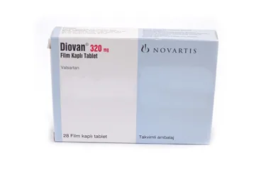Valsartan içeren film kaplı tablet: DIOVAN 320 MG 28 FİLM KAPLI TABLET ürün ambalajı. Üretici: NOVARTİS SAĞLIK GIDA VE TARIM ÜRÜNLERİ SANAYİ VE TİCARET ANONİM ŞİRKETİ.