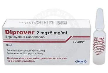 DIPROVER 2 MG + 5 MG/ML ENJEKSIYONLUK SUSPANSIYON kutu fotoğrafı, süspansiyon formunda betametazon içerir. Üretici: HAVER FARMA İLAÇ ANONİM ŞİRKETİ.