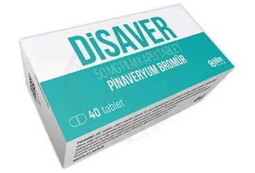 DISAVER 50 MG FILM KAPLI TABLET (40 TABLET) ürün ambalajı, film kaplı tablet formunda pinaveryum bromür içerir. Üretici: BİLİM İLAÇ SANAYİİ VE TİCARET A.Ş.