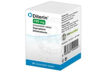 DITERIN 100 MG COZUNEBILIR 30 TABLET ambalajı. Sapropterin içeren tablet. Üretici: INPHARMUS İLAÇ SANAYİ TİCARET ANONİM ŞİRKETİ.