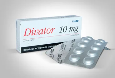 DIVATOR 10 MG 30 FILM KAPLI TABLET ürün ambalajı. Atorvastatin içeren film kaplı tablet. Üretici: DROGSAN İLAÇLARI SAN. VE TİC. A.Ş.